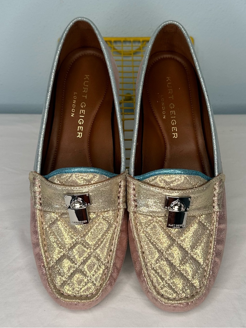 Kurt Geiger Quilted Metallic Pink, Blue, and Gold Loafers with Silver Accent